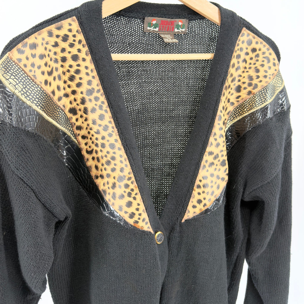 Vintage 90s Jordache Studio Black Leopard Print Vinyl Trim Cardigan Sweater