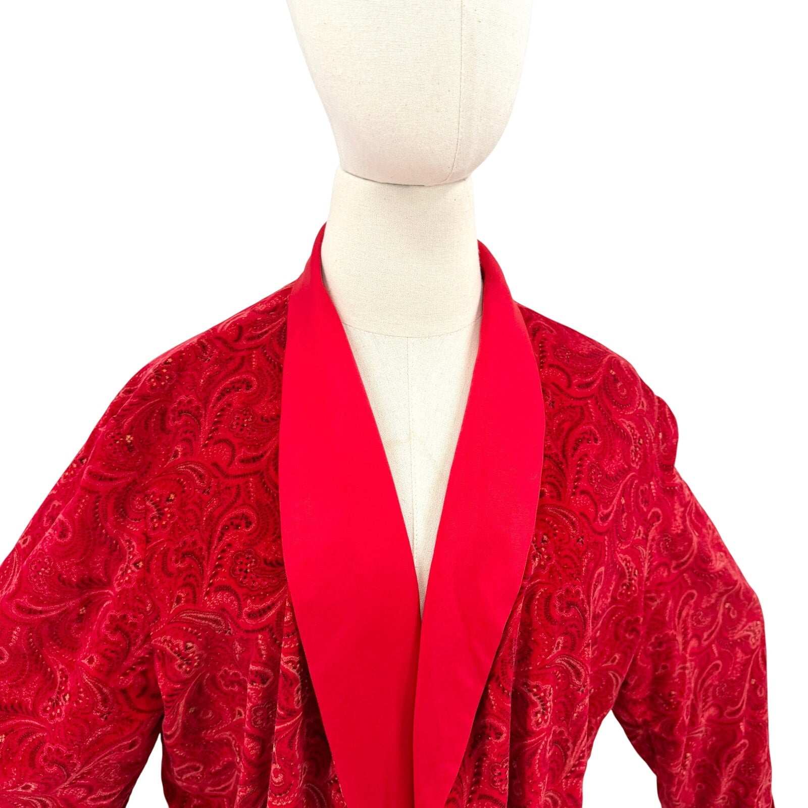 Vintage 80s Handmade Red Paisley Velvet Robe Dressing Gown