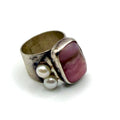 Vintage 90s Pink Rhodochrosite Stamped Sterling Silver Pearl Wide Band Ring