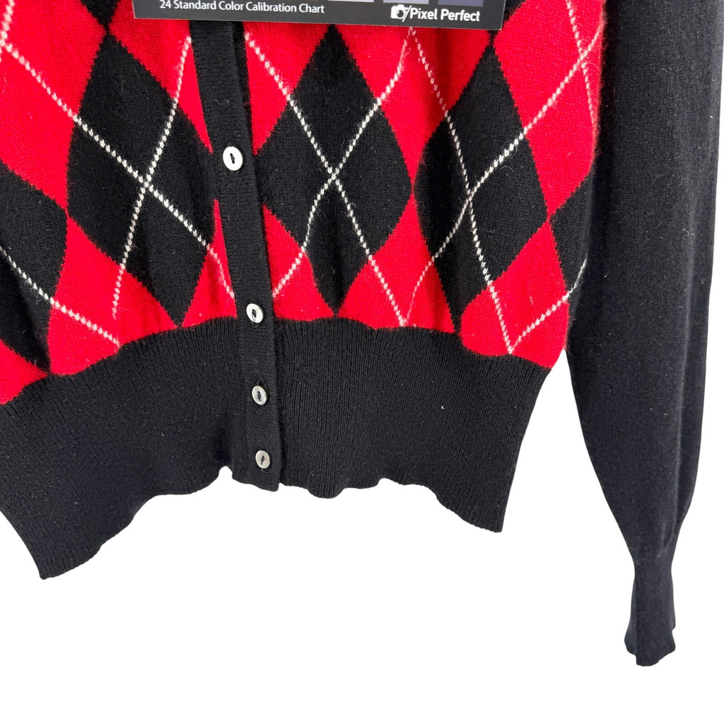 Vintage 90s Lord & Taylor Black Red Argyle 100% Cashmere Cardigan Sweater