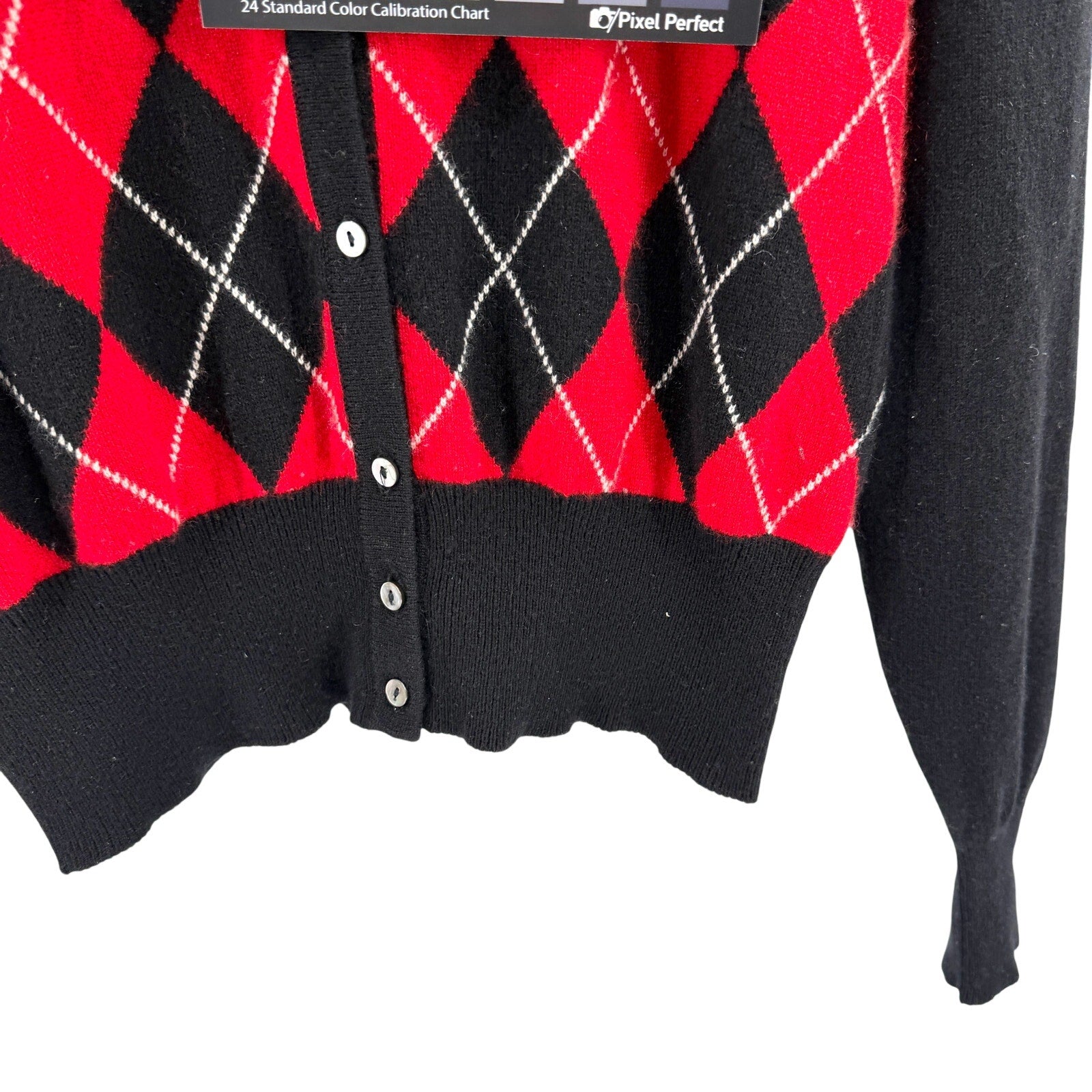 Vintage 90s Lord & Taylor Black Red Argyle 100% Cashmere Cardigan Sweater