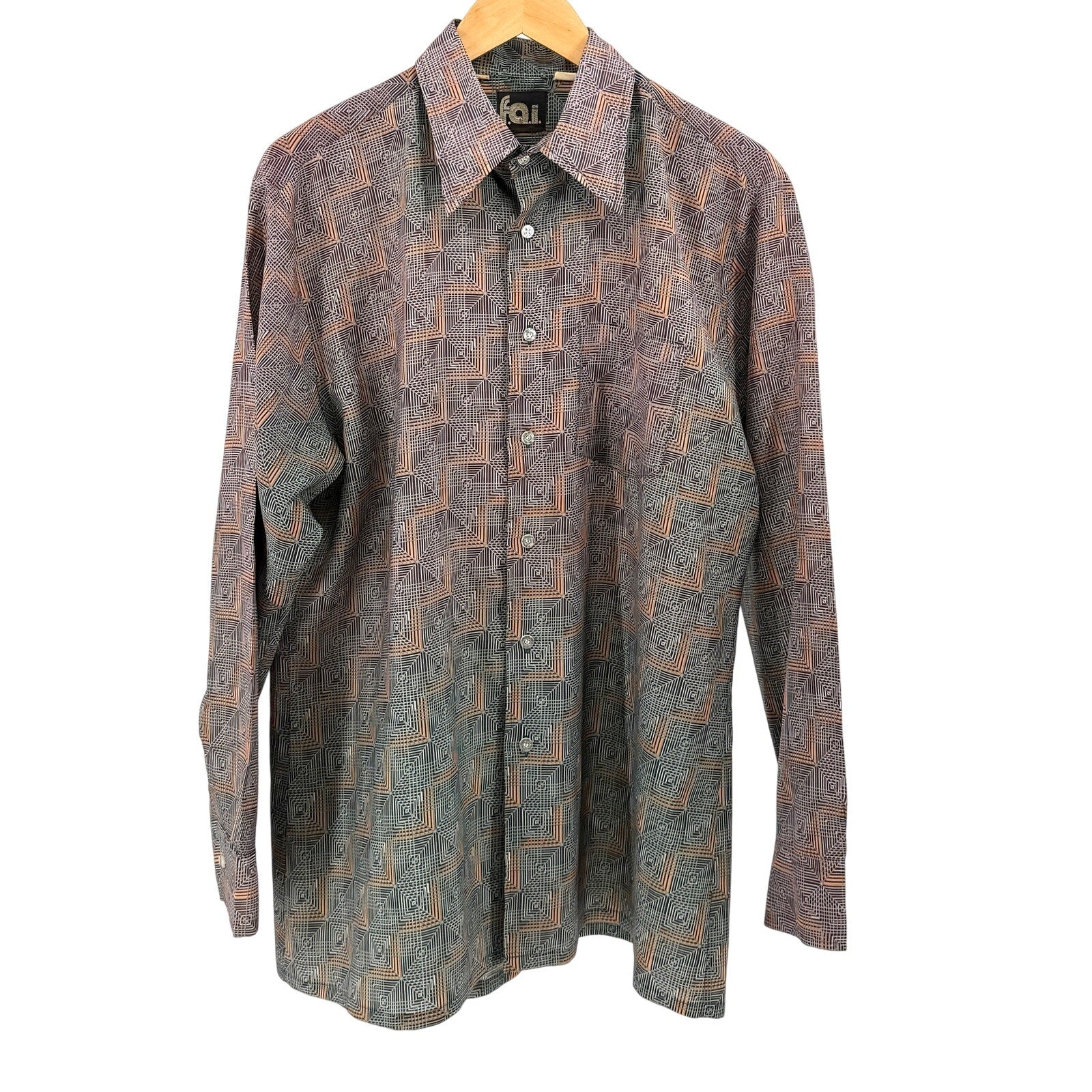 Vintage 70s FAI Polyester Brown Green Gradient Retro Disco Geometric Shirt