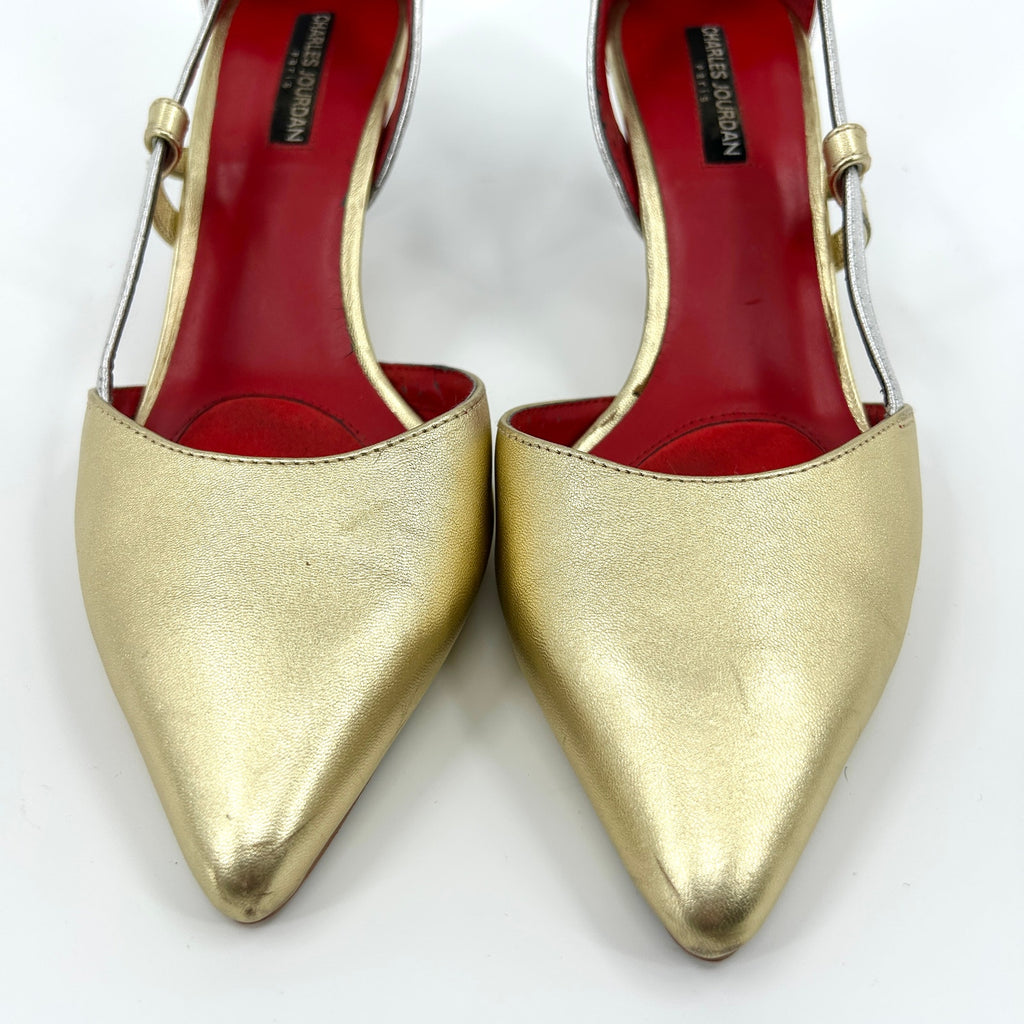 Vintage Y2K Charles Jourdan Gold Silver Leather Pointed Toe T-Strap Heels