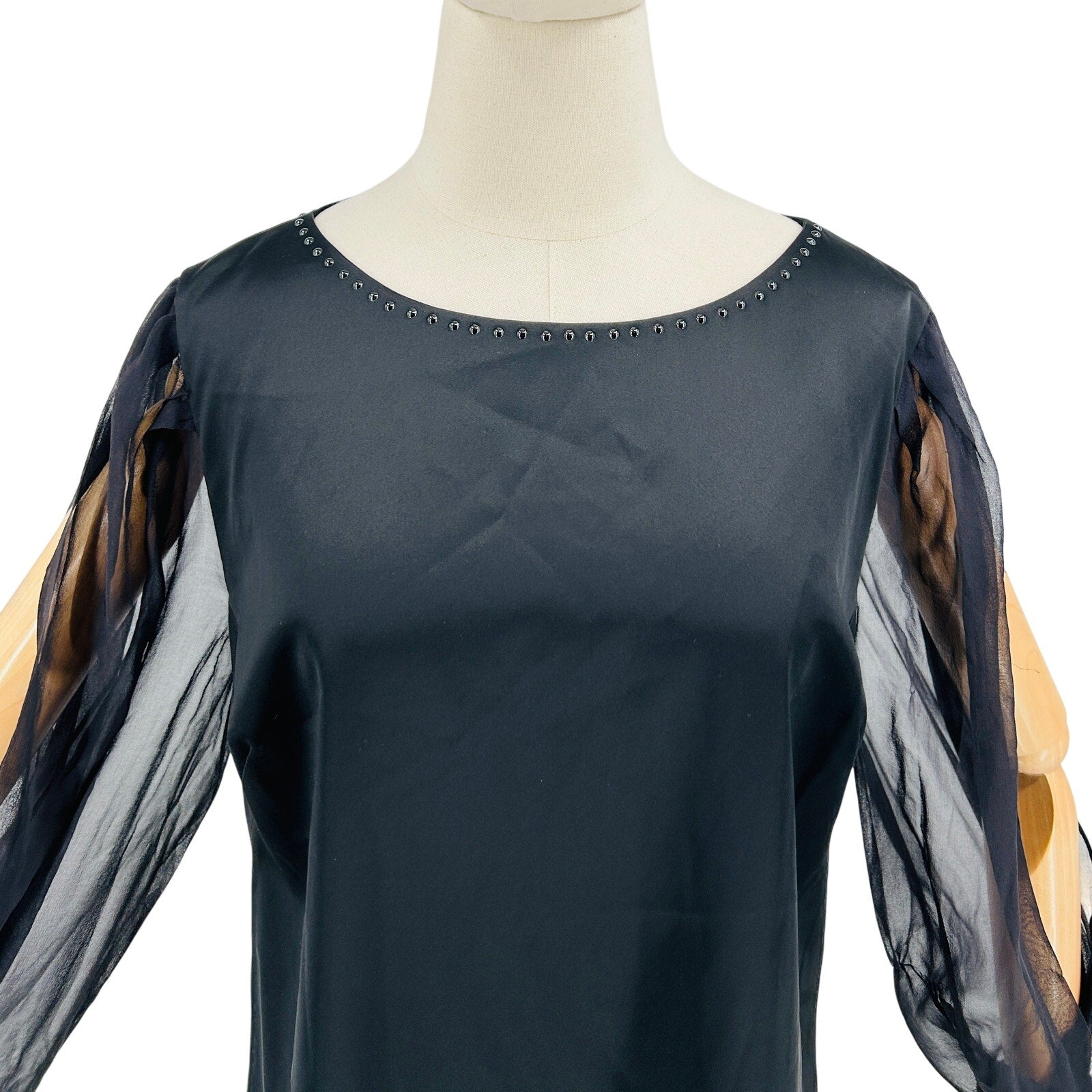 Elie Tahari Black Studded Satin Shift Dress with Silk Sleeves