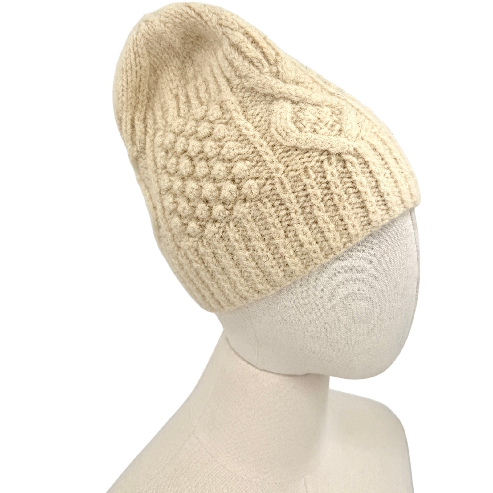 Vintage 70s Handmade Cream 100% Wool Cable Knit Beanie