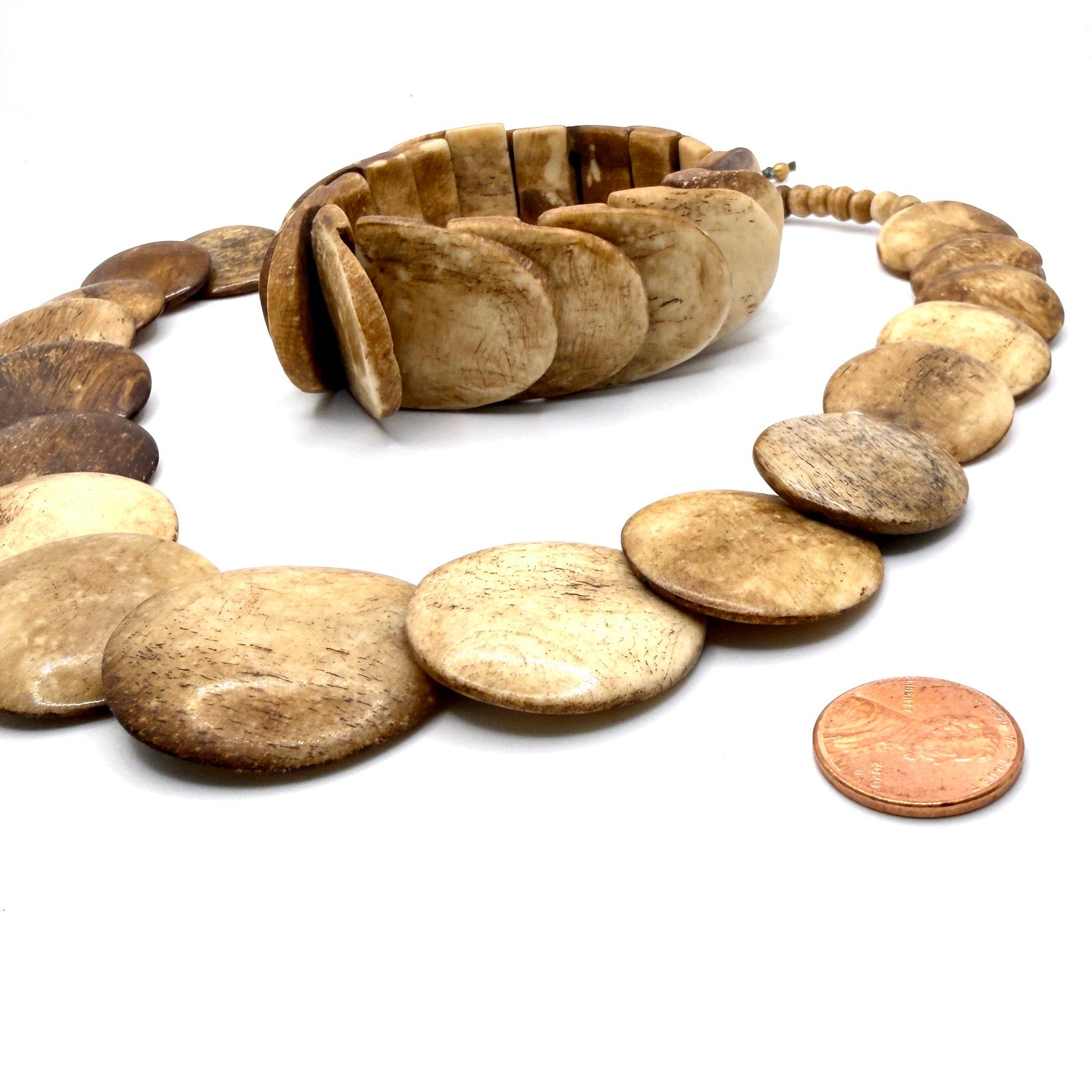 Vintage 90s Hand Carved Natural Bone Graduated Flat Disc Necklace Bracelet Set