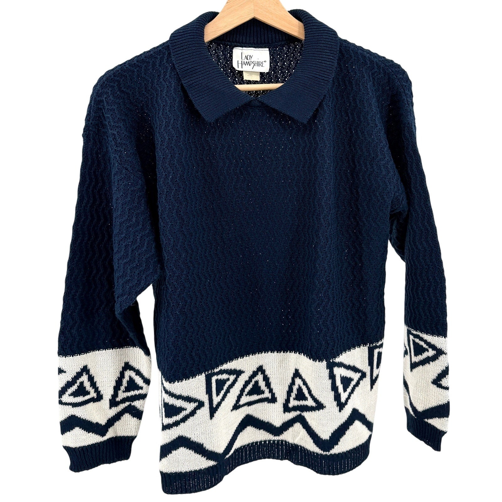 Vintage 90s Lady Hampshire Blue Geometric Polo Collar Sweater