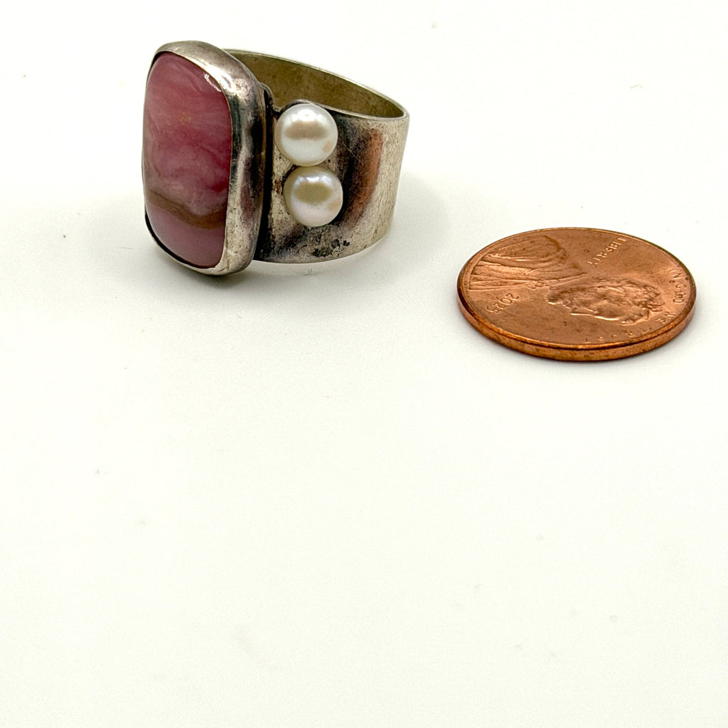 Vintage 90s Pink Rhodochrosite Stamped Sterling Silver Pearl Wide Band Ring
