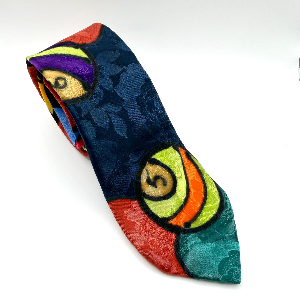 Vintage 90s Robert Daskal Silk Multicolor Billiards Pool Novelty Necktie