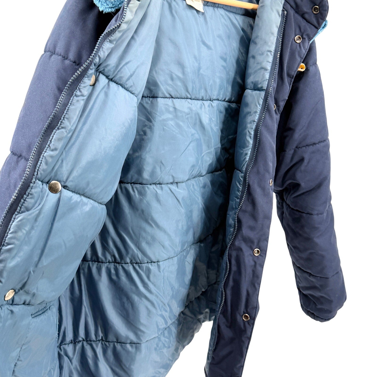 Vintage 70s Sears Navy Blue Snapped Removable Hood Puffer Parka Jacket