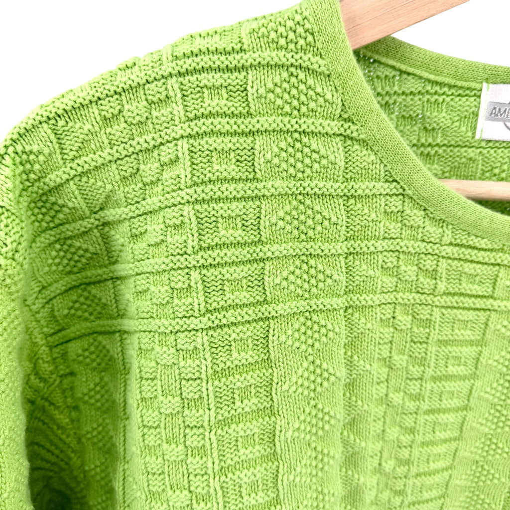 Vintage 90s American Knitworks Neon Lime Green 100% Cotton Grid Knit Sweater