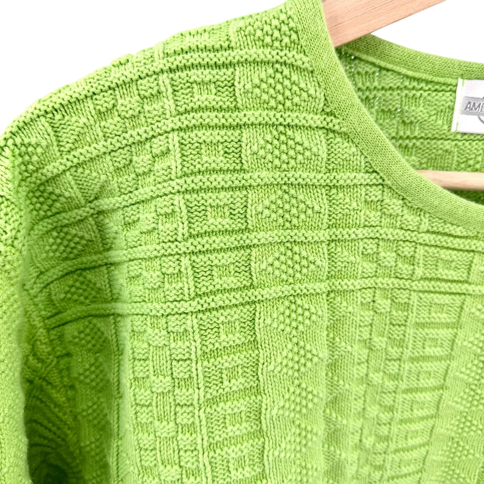 Vintage 90s American Knitworks Neon Lime Green 100% Cotton Grid Knit Sweater