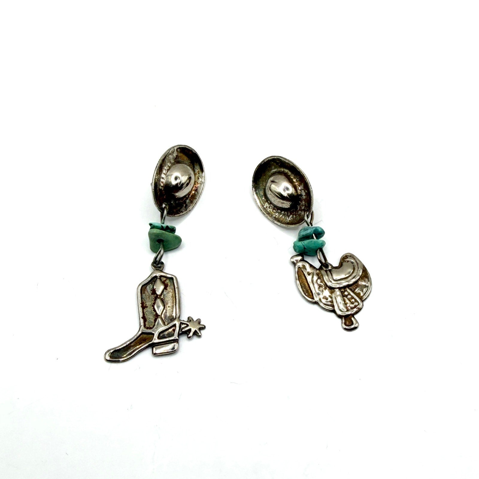 Vintage 90s Silver Turquoise Southwestern Cowboy Boot Saddle Drop Earrings