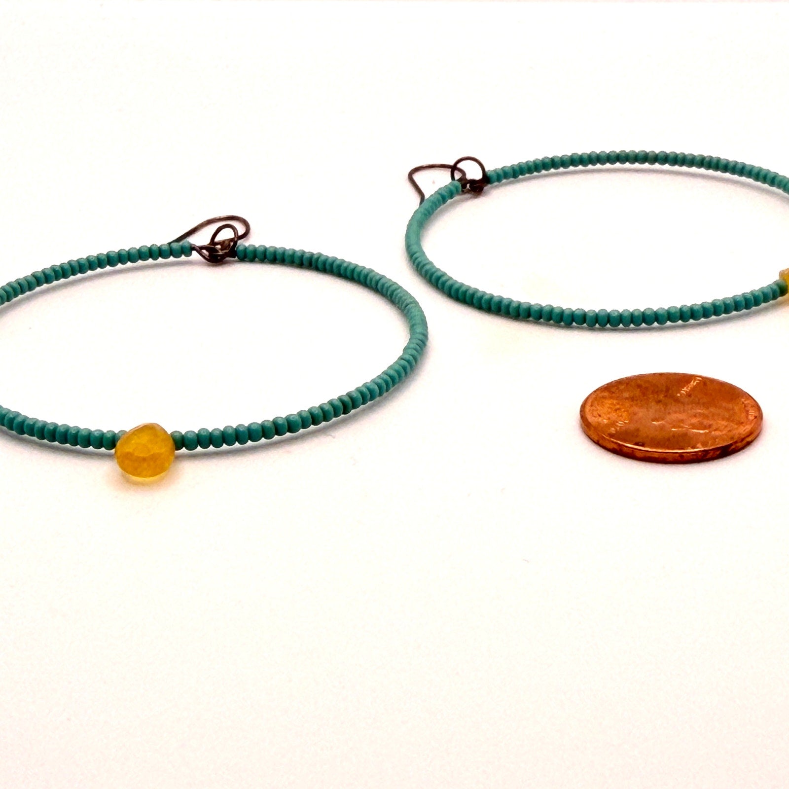 Vintage 90s Turquoise Yellow Citrine Seed Bead Boho Large Hoop Earrings