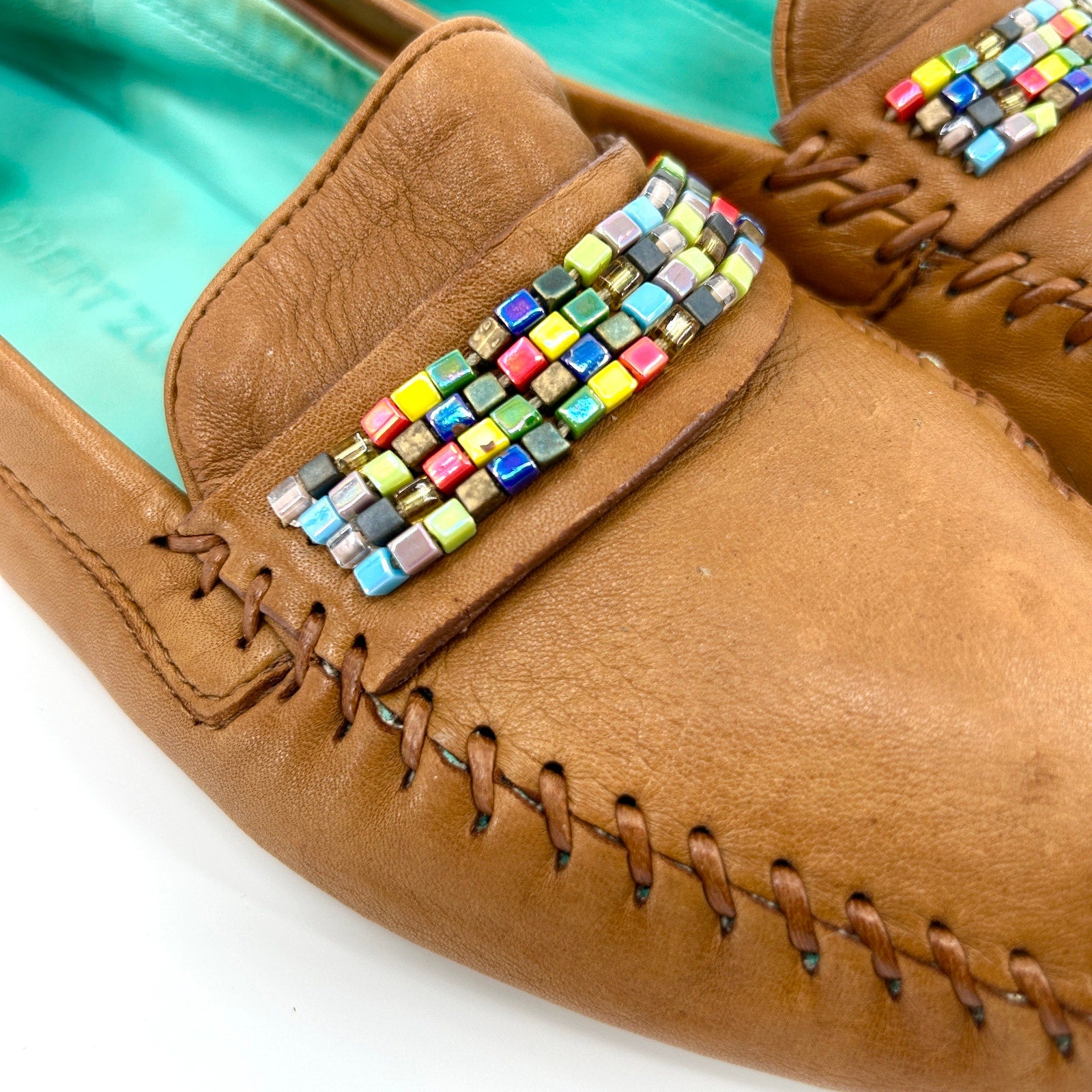 Vintage 90s Robert Zur Brown Leather Beaded Moccasin Driving Shoes