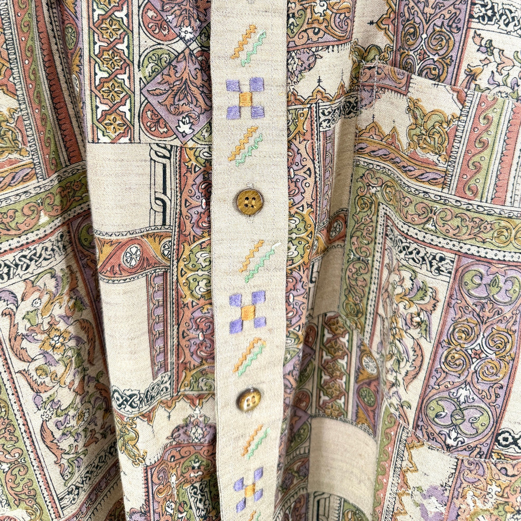 Vintage 90s Torso Bronze Tan Tapestry Print Embroidered Shirt