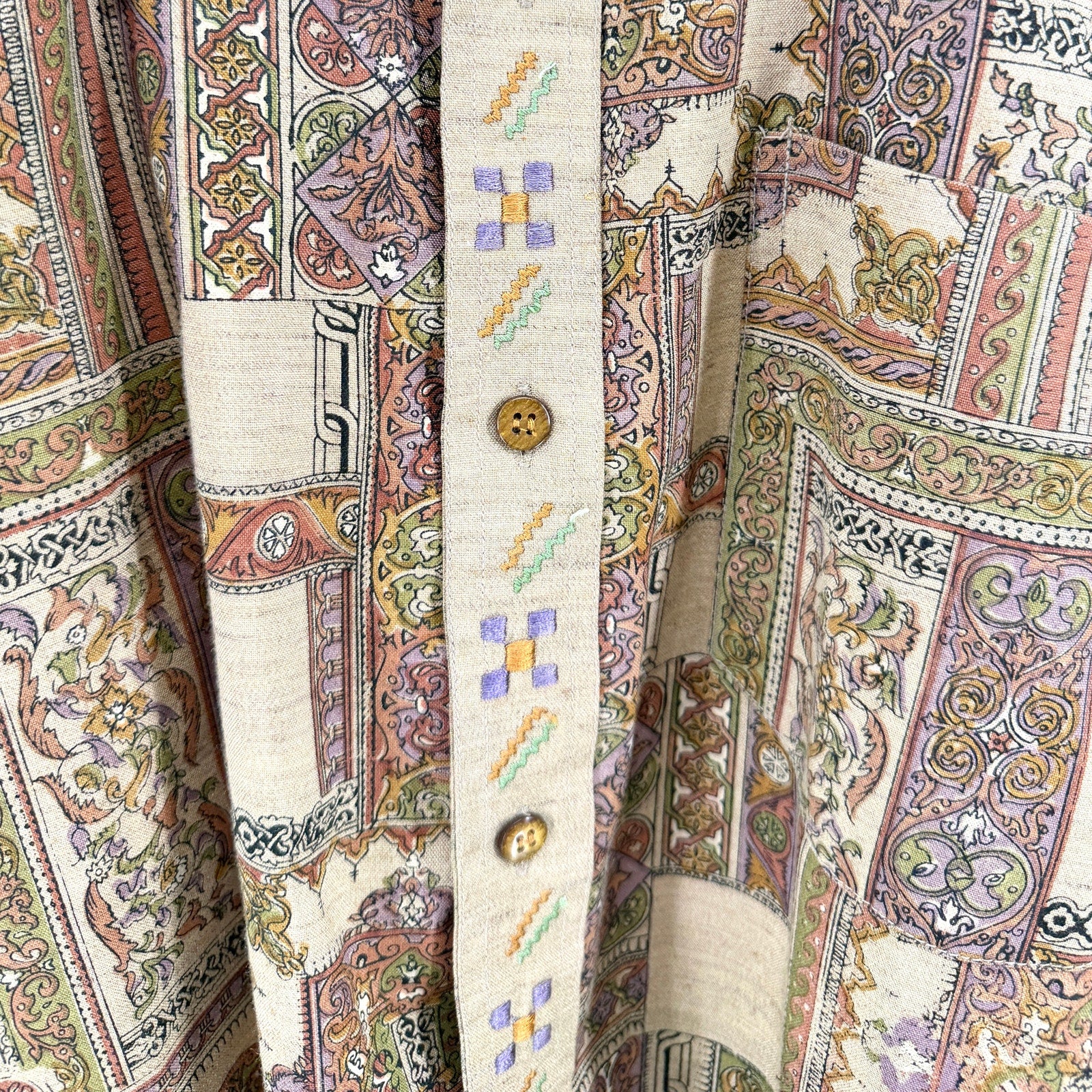 Vintage 90s Torso Bronze Tan Tapestry Print Embroidered Shirt