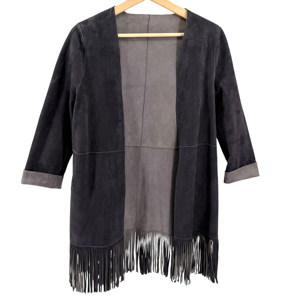 Jigsaw Gray Dark Charcoal Reversible Genuine Suede Fringe Jacket