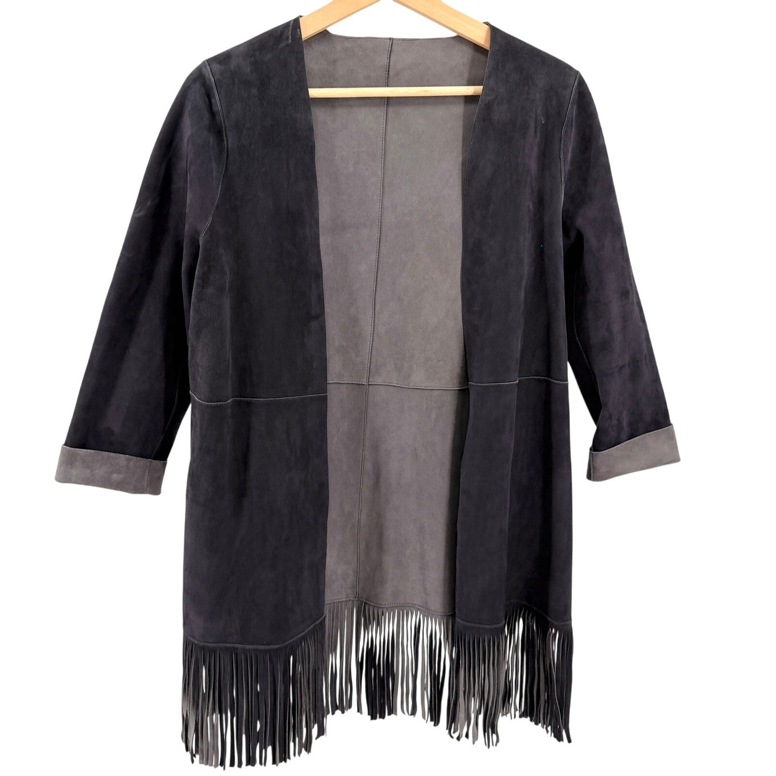 Jigsaw Gray Dark Charcoal Reversible Genuine Suede Fringe Jacket