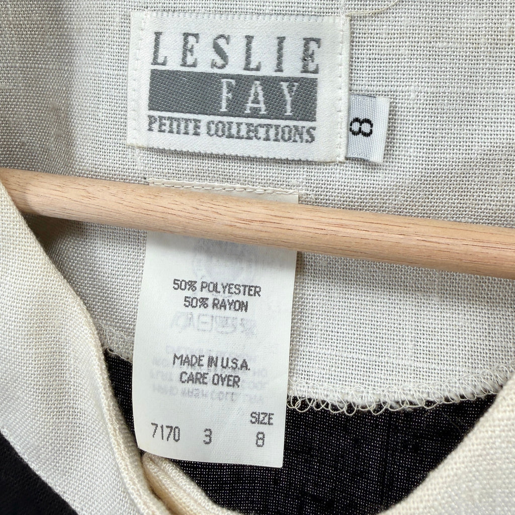 Vintage 80s Leslie Fay Black White Mod Linen Look Button Front Dress