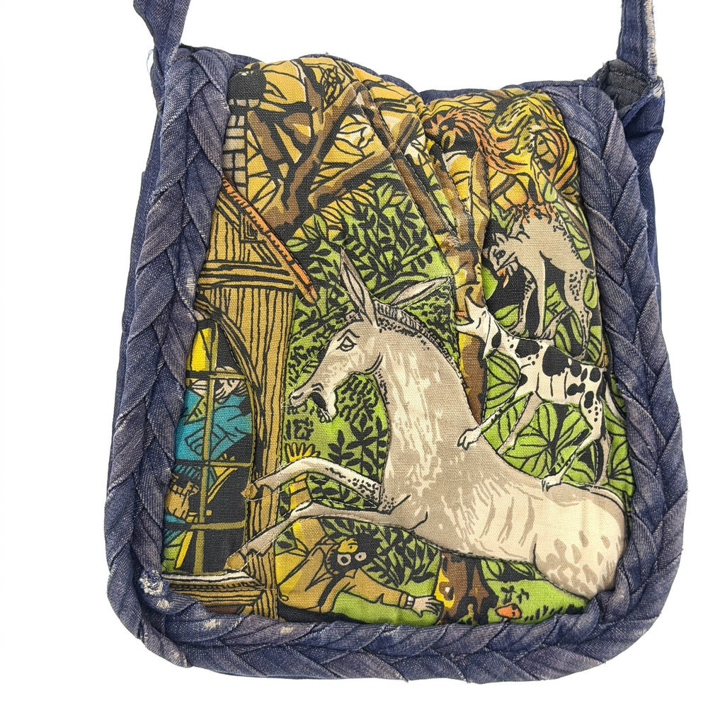 Vintage 70s Custom Denim Bremen Town Musicians Novelty Print Flap Shoulder Bag