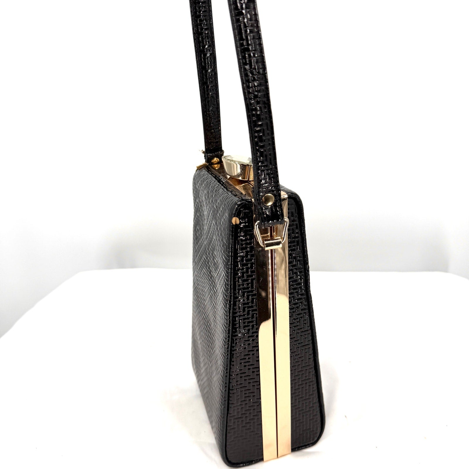 Vintage 90s Black Patent Leather Maximalist Rhinestone Clasp Box Handbag