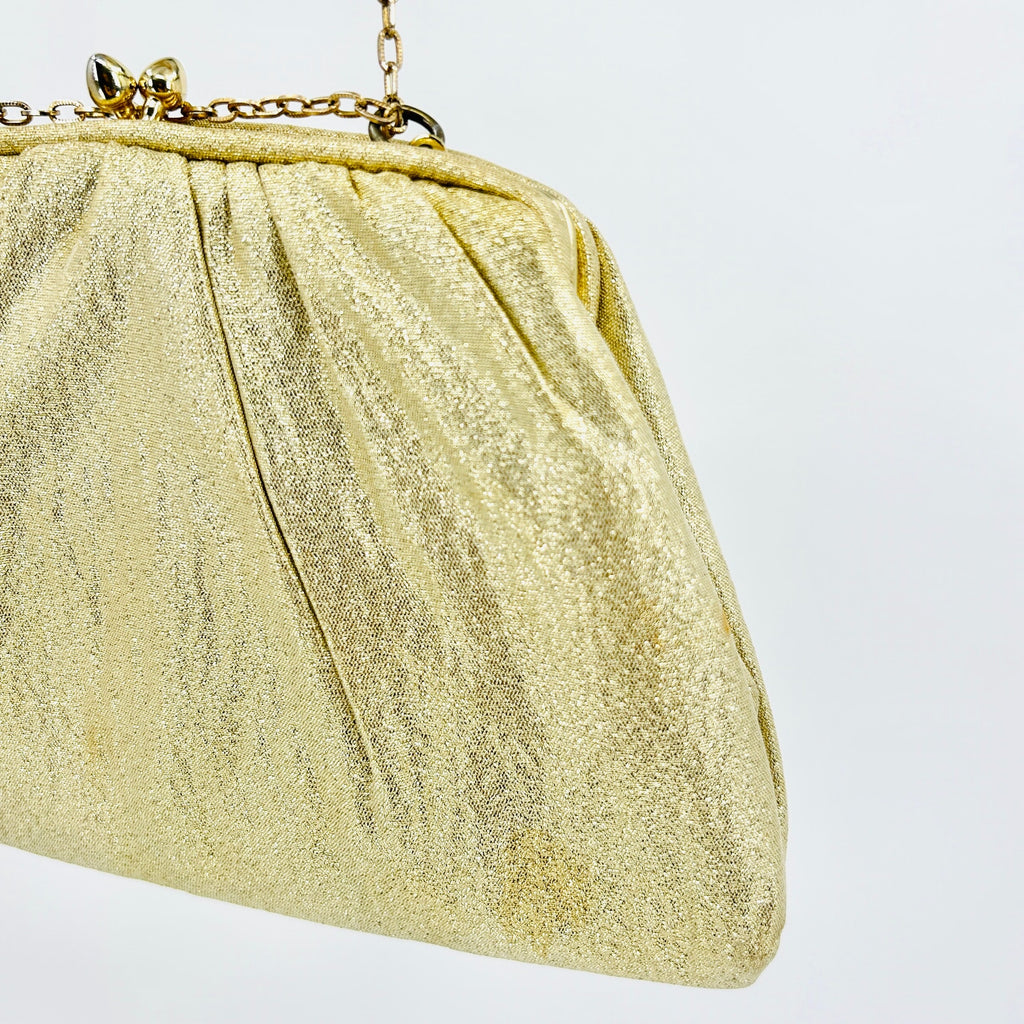 Vintage 1960s Gold Metallic Lamé Frame Evening Clutch Bag