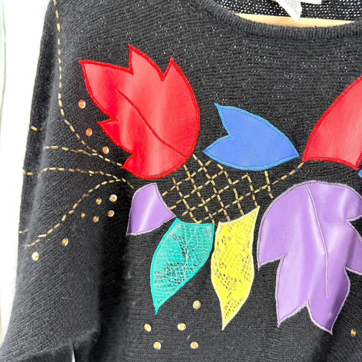 Vintage 80s Cristina Black Floral Faux Leather Applique Beaded Sweater