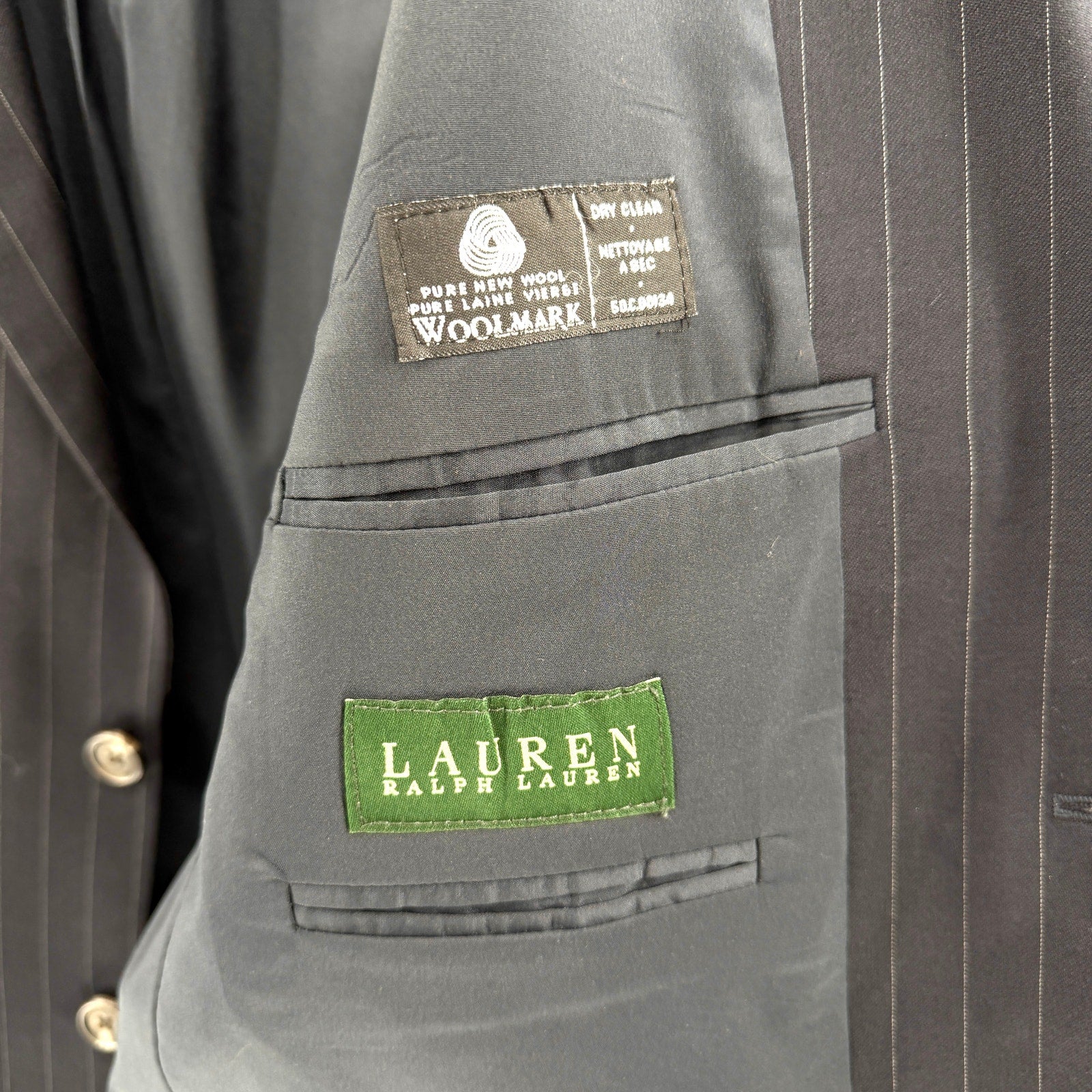 Vintage 90s Lauren Ralph Lauren Navy Blue 100% Wool Pinstripe Blazer