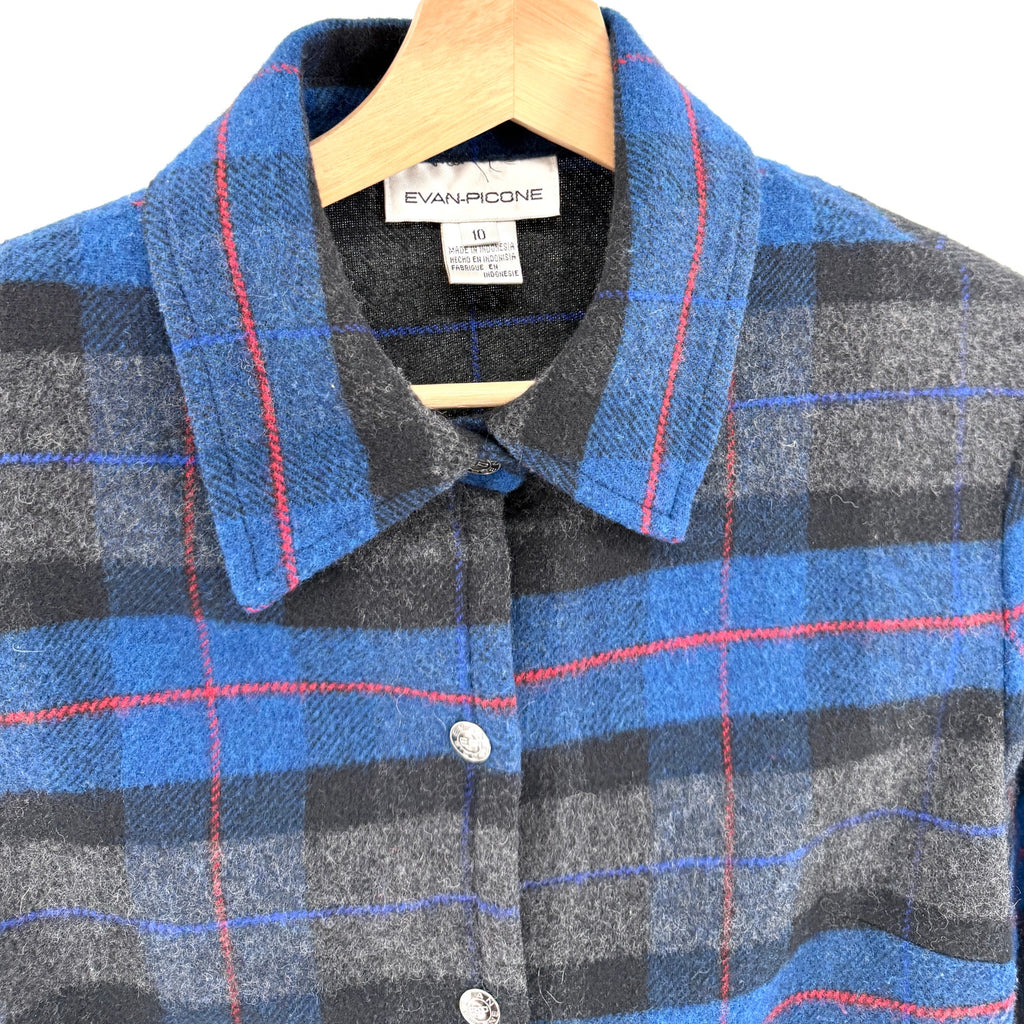 Vintage 90s Evan-Picone Blue Plaid Snap Front Flannel Jacket