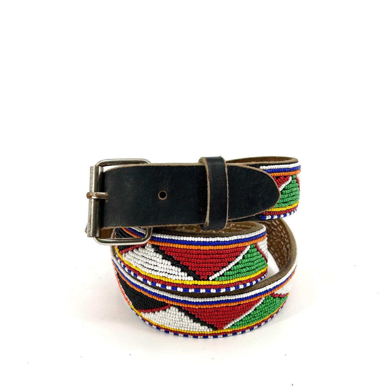 Vintage 90s Multicolor Seed Bead Geometric Genuine Leather African Style Belt