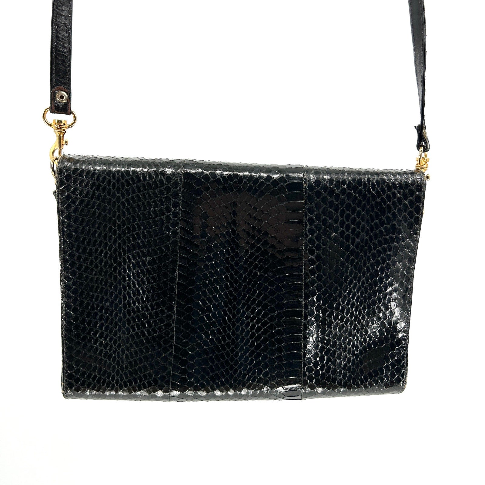 Vintage 80s Black Genuine Snakeskin Gold Hardware Crossbody Clutch