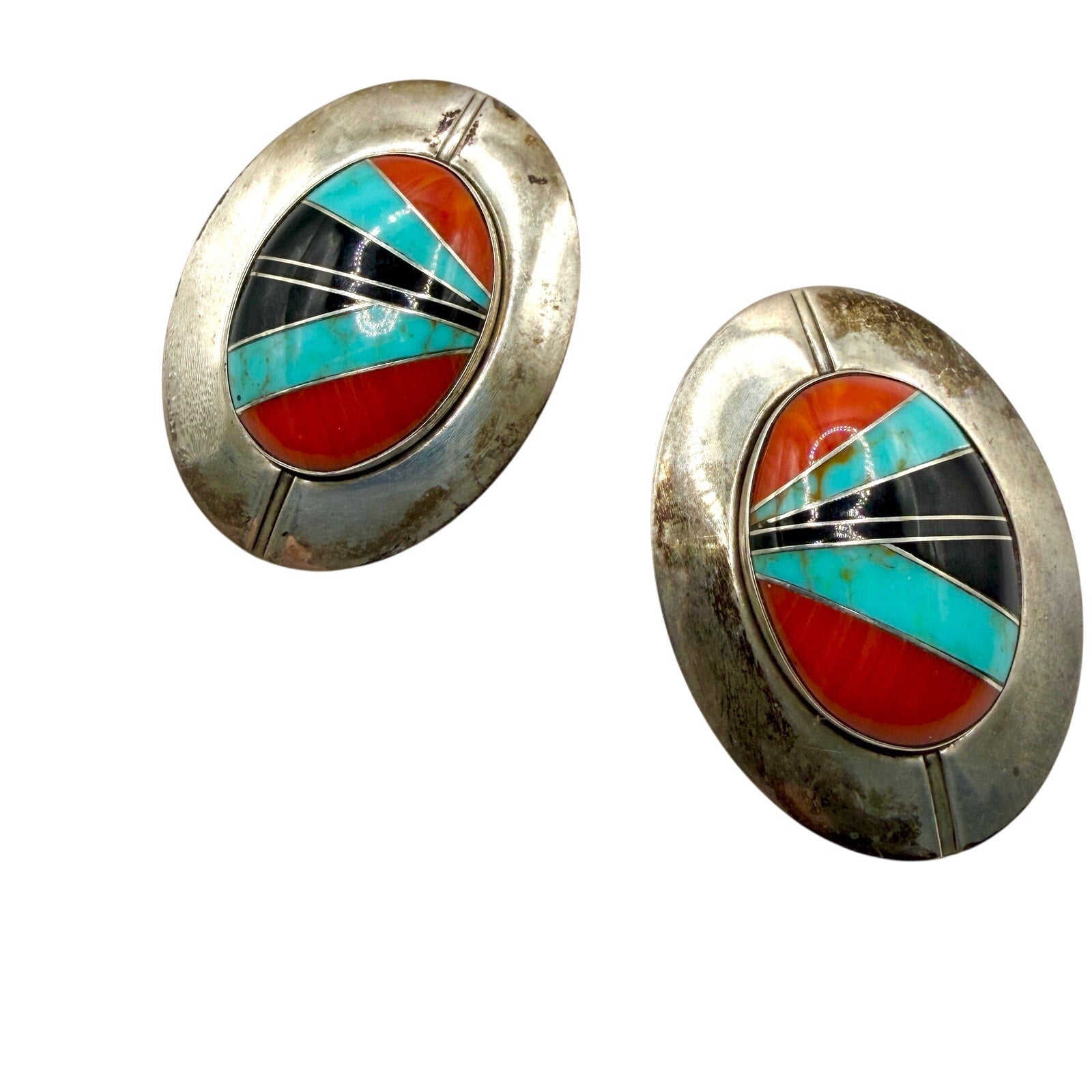 Vintage 90s Sun West Silver Multi Stamped Sterling Silver Inlay Post Earrings