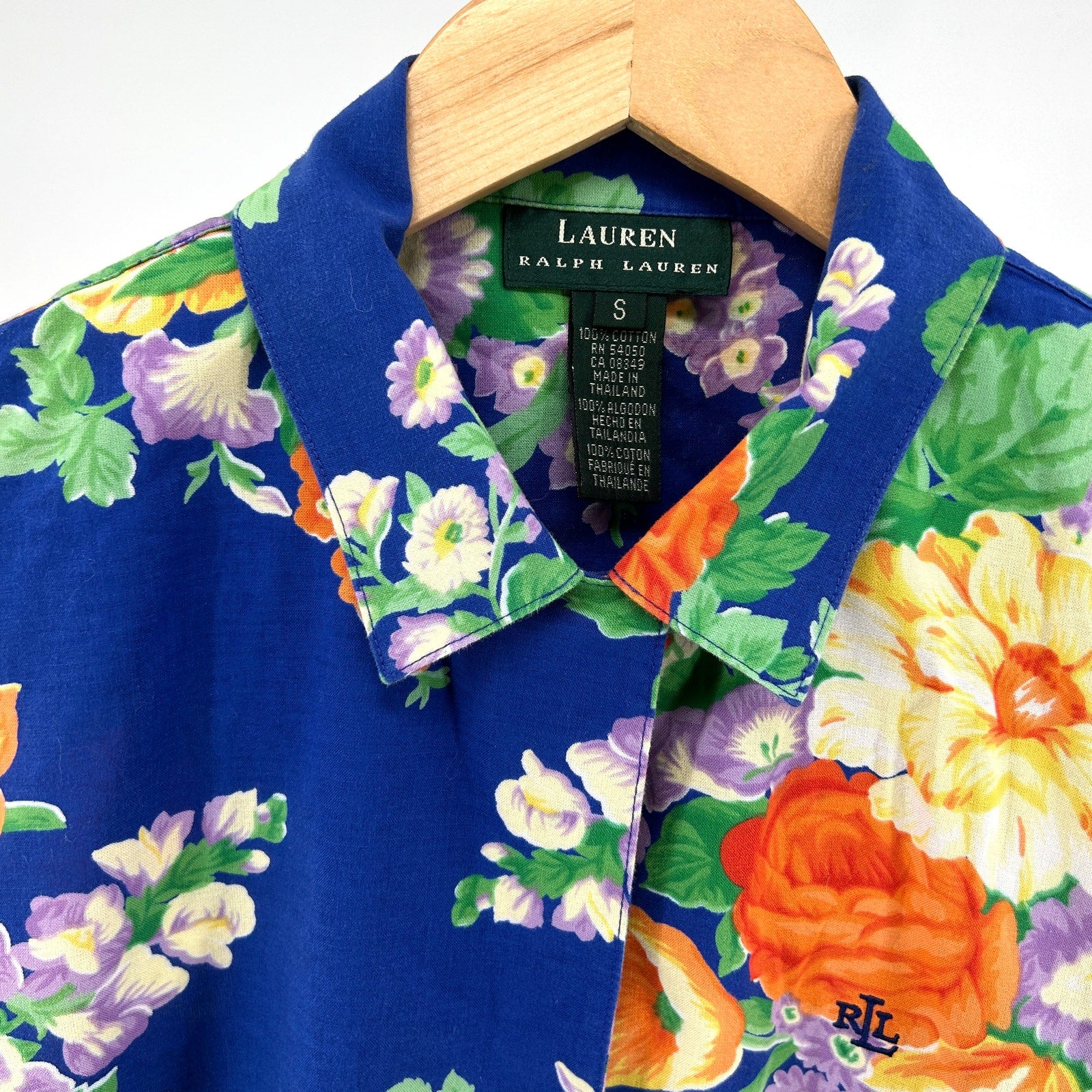 Vintage 90s Lauren Ralph Lauren Blue 100% Cotton Floral Short Sleeve Shirt
