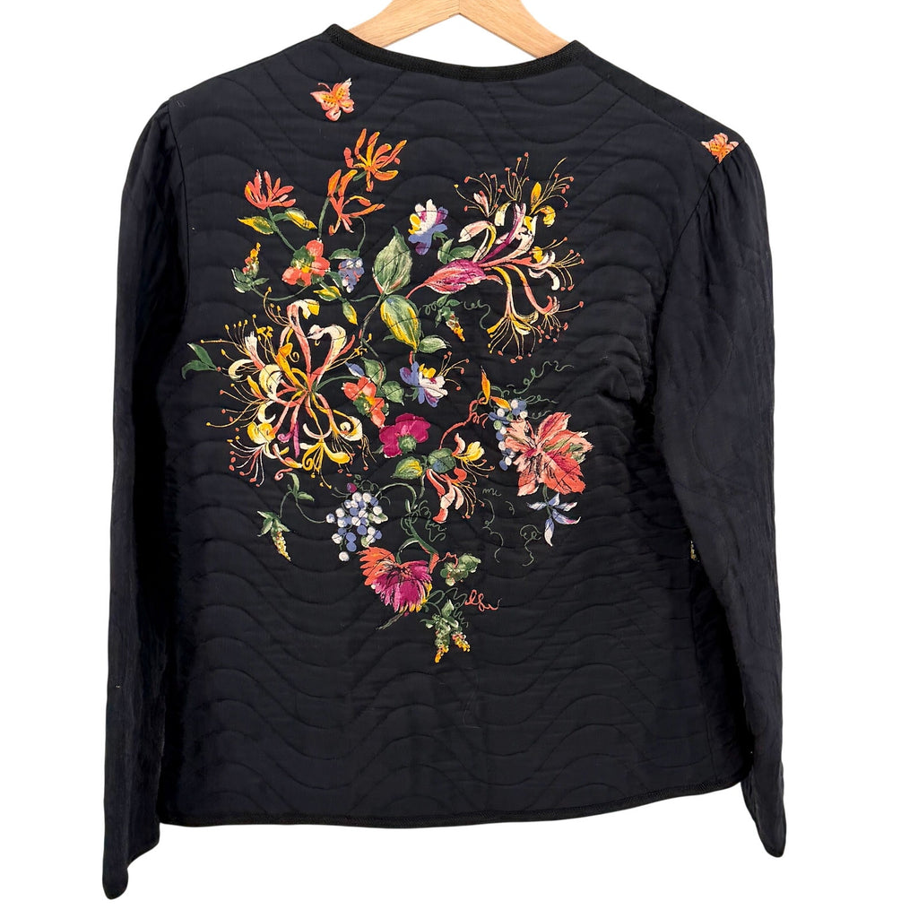Vintage 90s Bari Black Floral Wearable Art Quilted Open Front Jacket