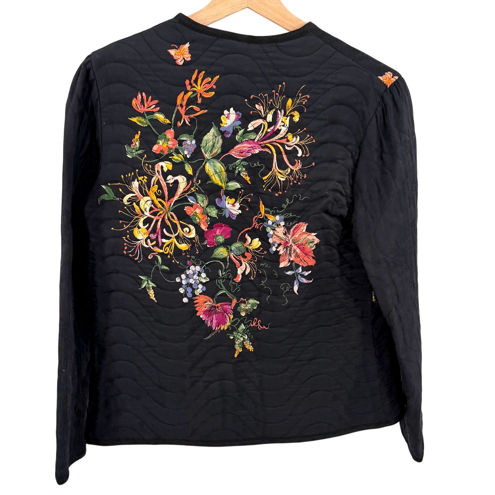 Vintage 90s Bari Black Floral Wearable Art Quilted Open Front Jacket