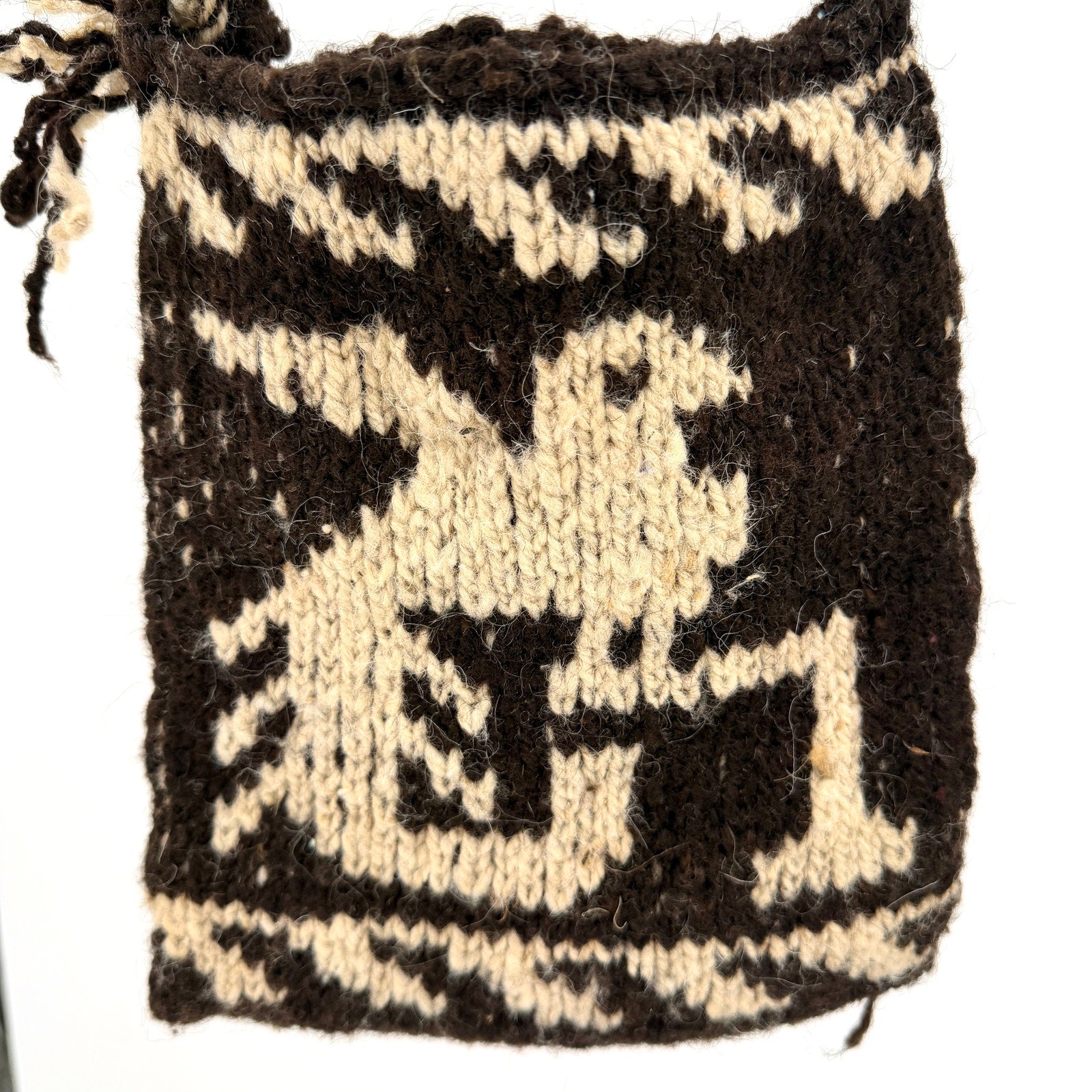 Vintage 70s Small Dark Brown & Cream 100% Wool Bird Motif Peruvian Purse