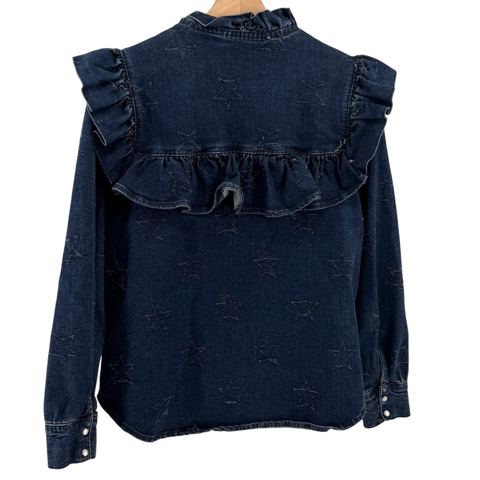Maison Stella & Suzie Blue Carmen Western Star Ruffle Pearl Snap Blouse Top