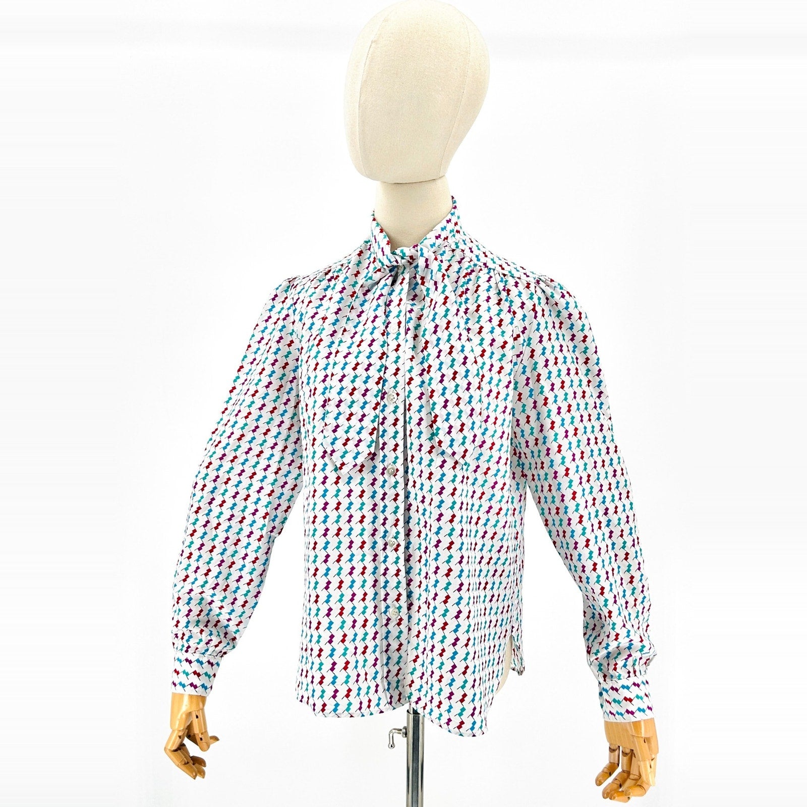 Vintage 80s Evan-Picone White Multicolor Geometric Pussybow Blouse