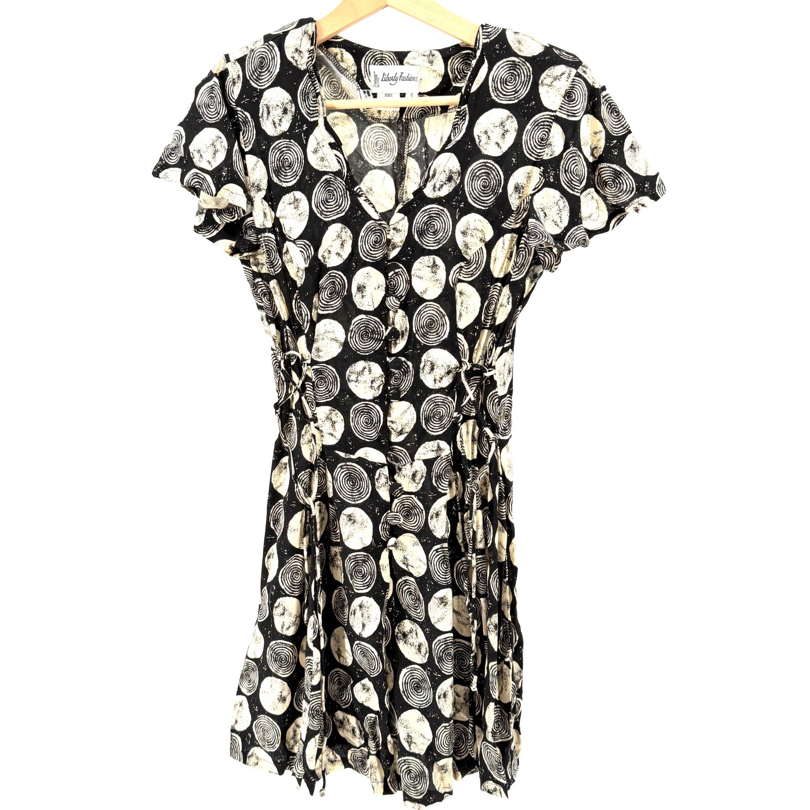 Vintage 90s Black Cream 100% Rayon Graphic Print Flutter Sleeve Romper