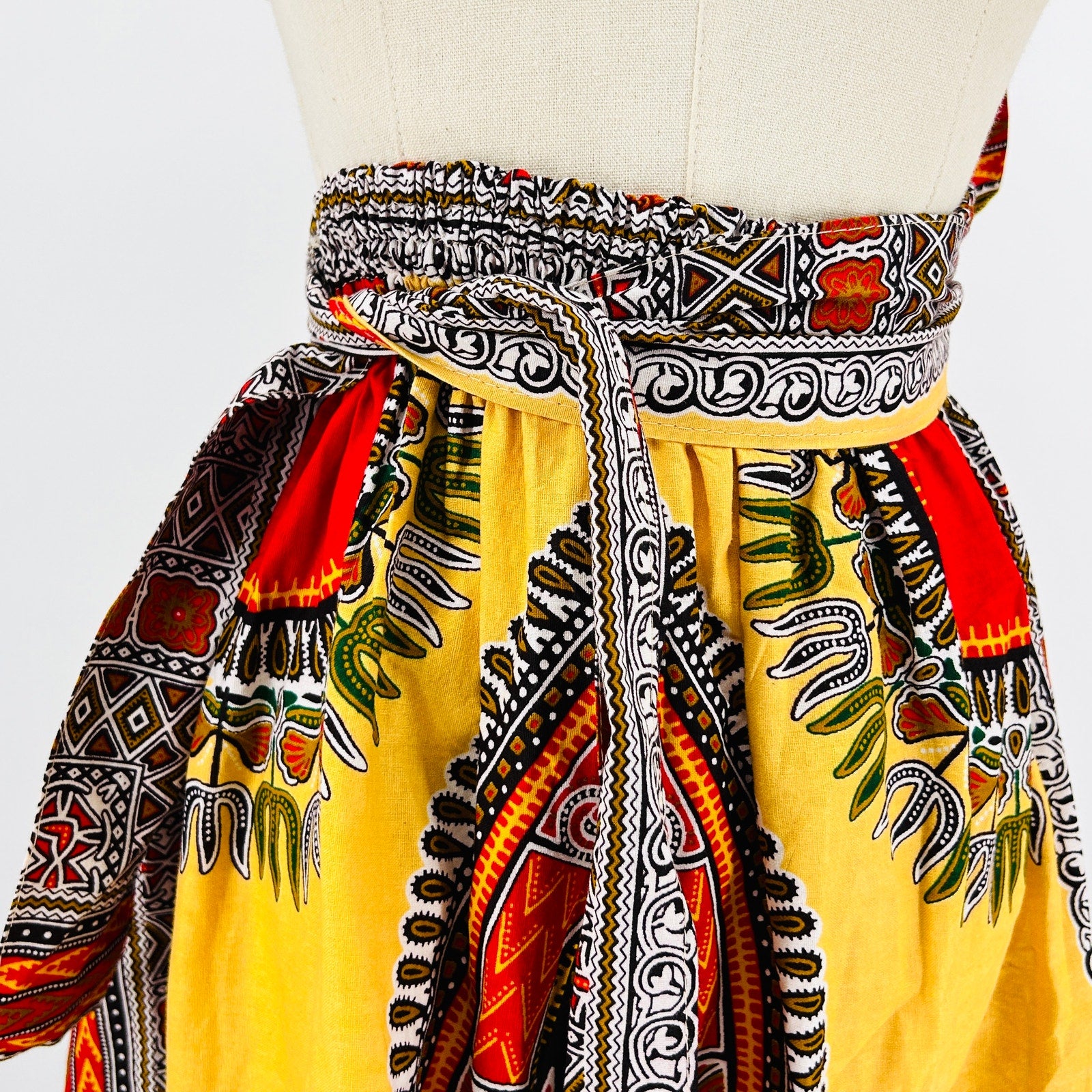 Vintage 90s Rainbow Yellow Red Dashiki Cotton Skirt & Head Scarf Set