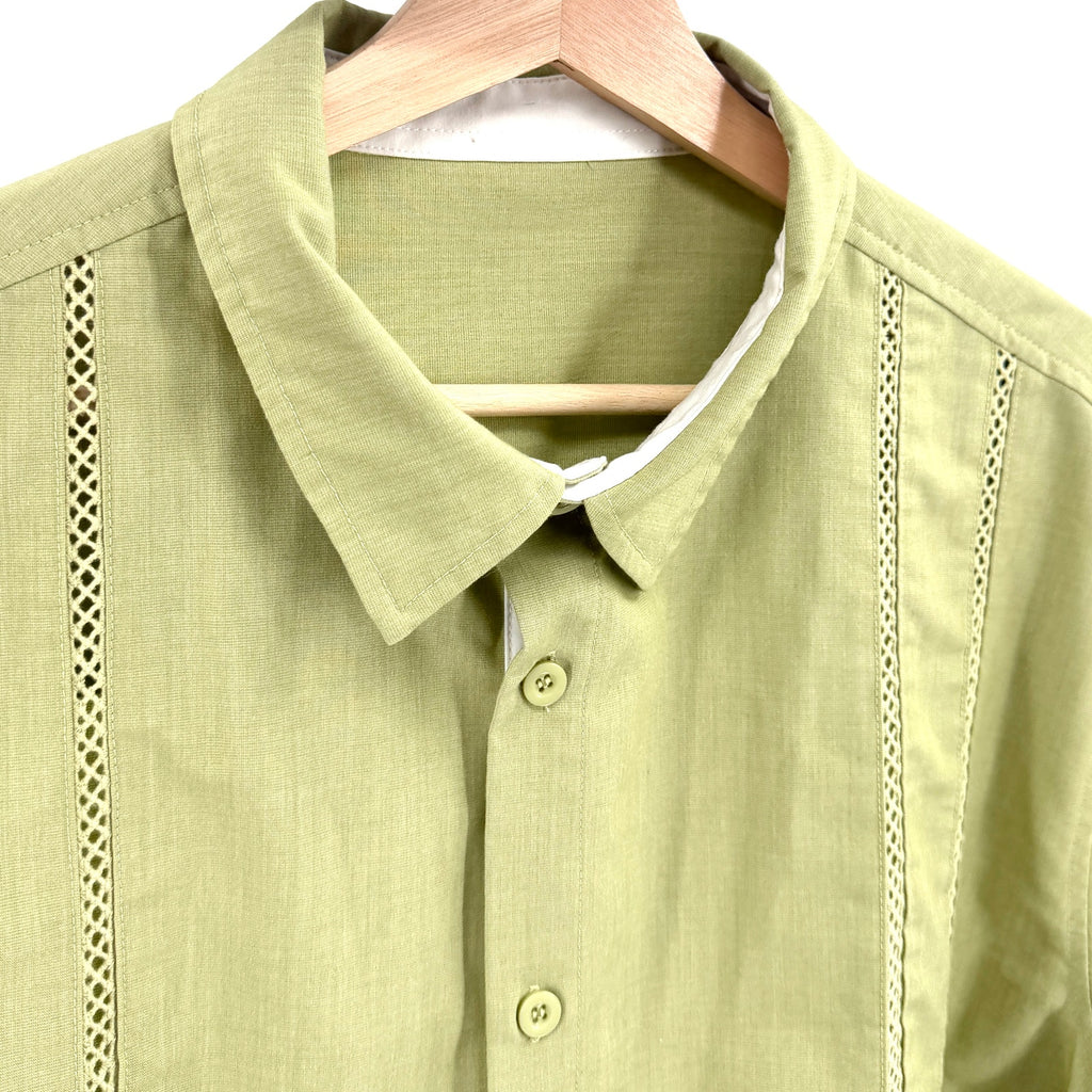 Pistachio Green Tropical Bowling Crochet Trim Short Sleeve Button Up Shirt