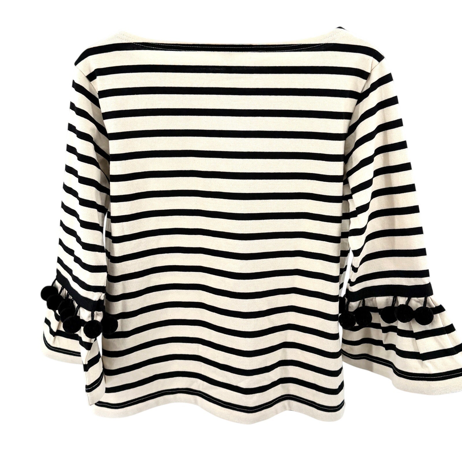 Marc Jacobs Black Ivory Cotton Striped Pom-Pom Bell Sleeve Top