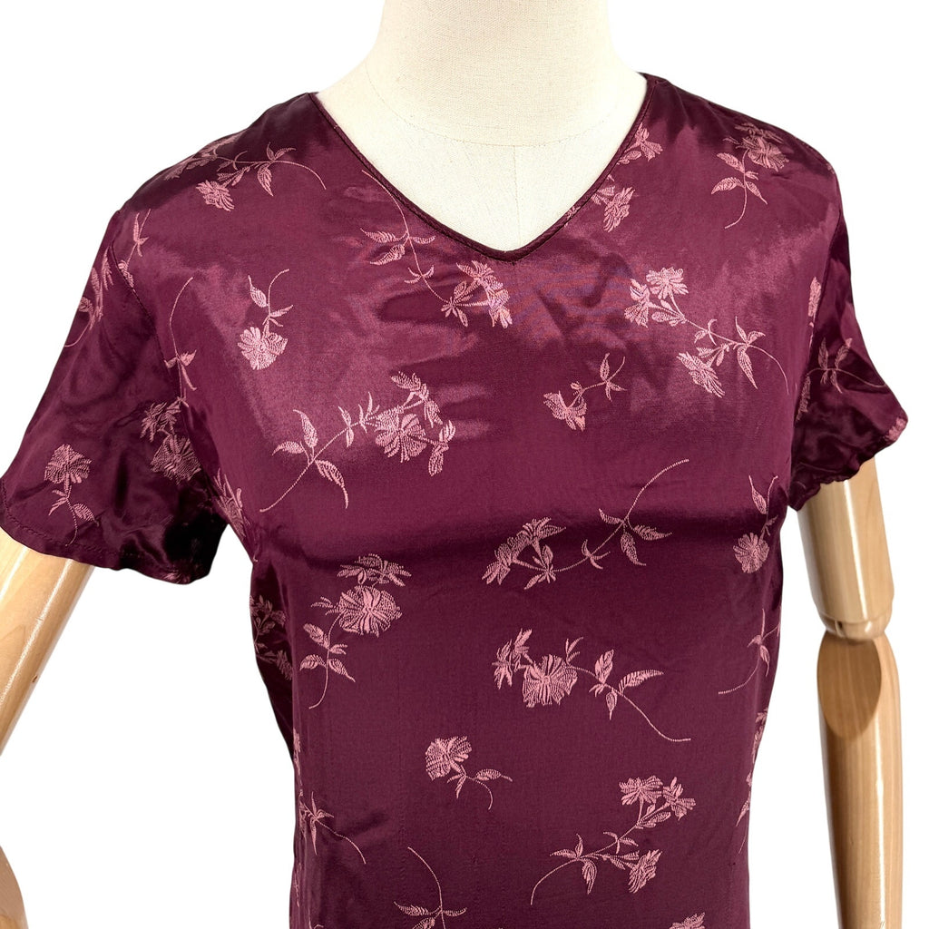 Vintage 90s GAP Burgundy Floral Satin Jacquard Cheongsam Slip Dress