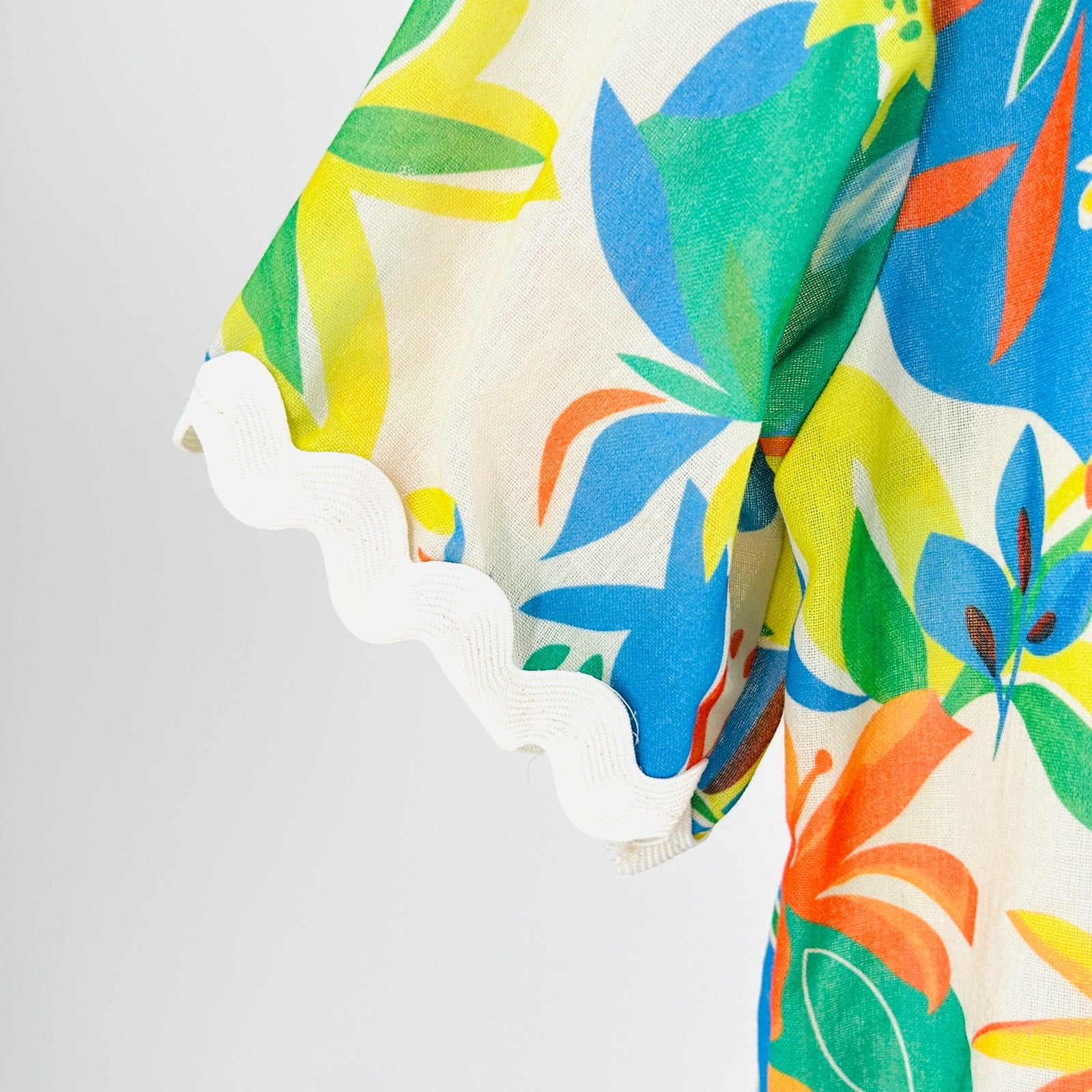 Vintage 70s Handmade Multicolor 100% Cotton Tropical Ric Rac Button Down Shirt