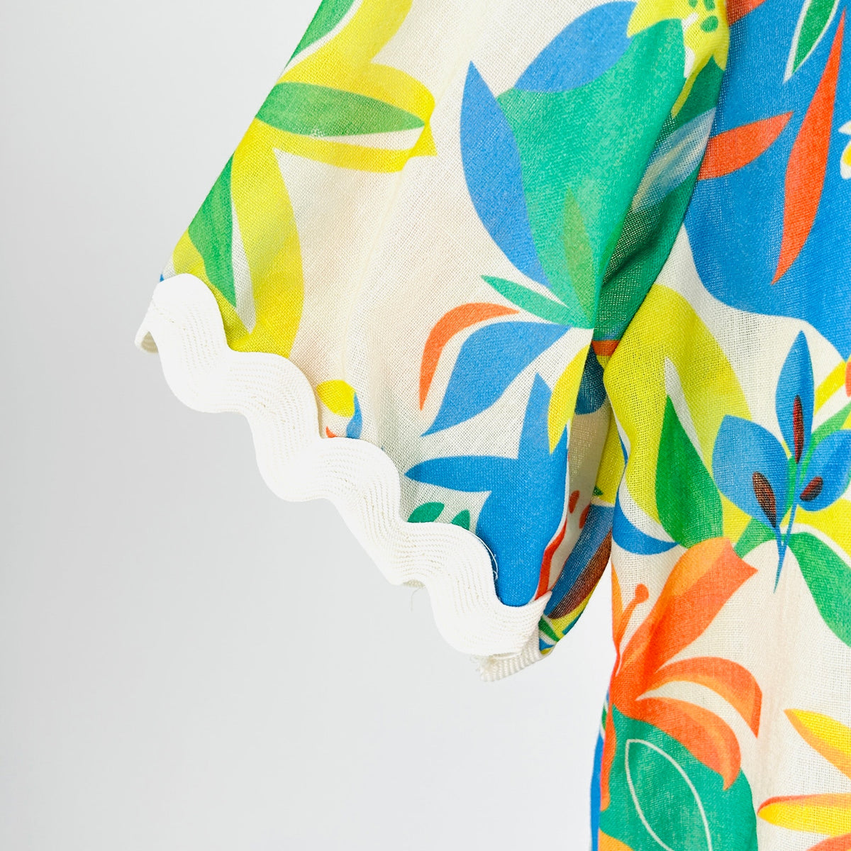 Vintage 70s Handmade Multicolor 100% Cotton Tropical Ric Rac Button Down Shirt