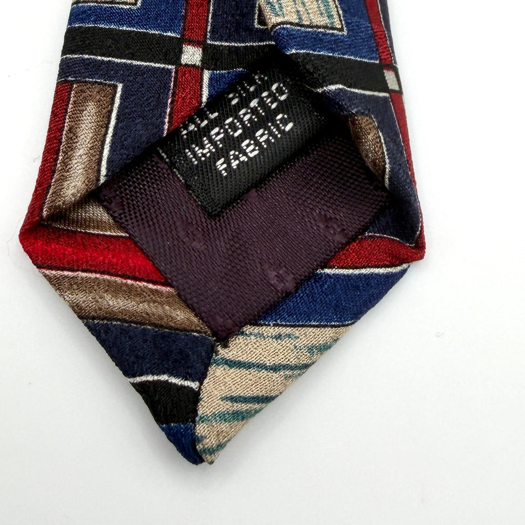 Vintage 90s Albert Nipon Navy Blue Red Silk Geometric Stripe Necktie