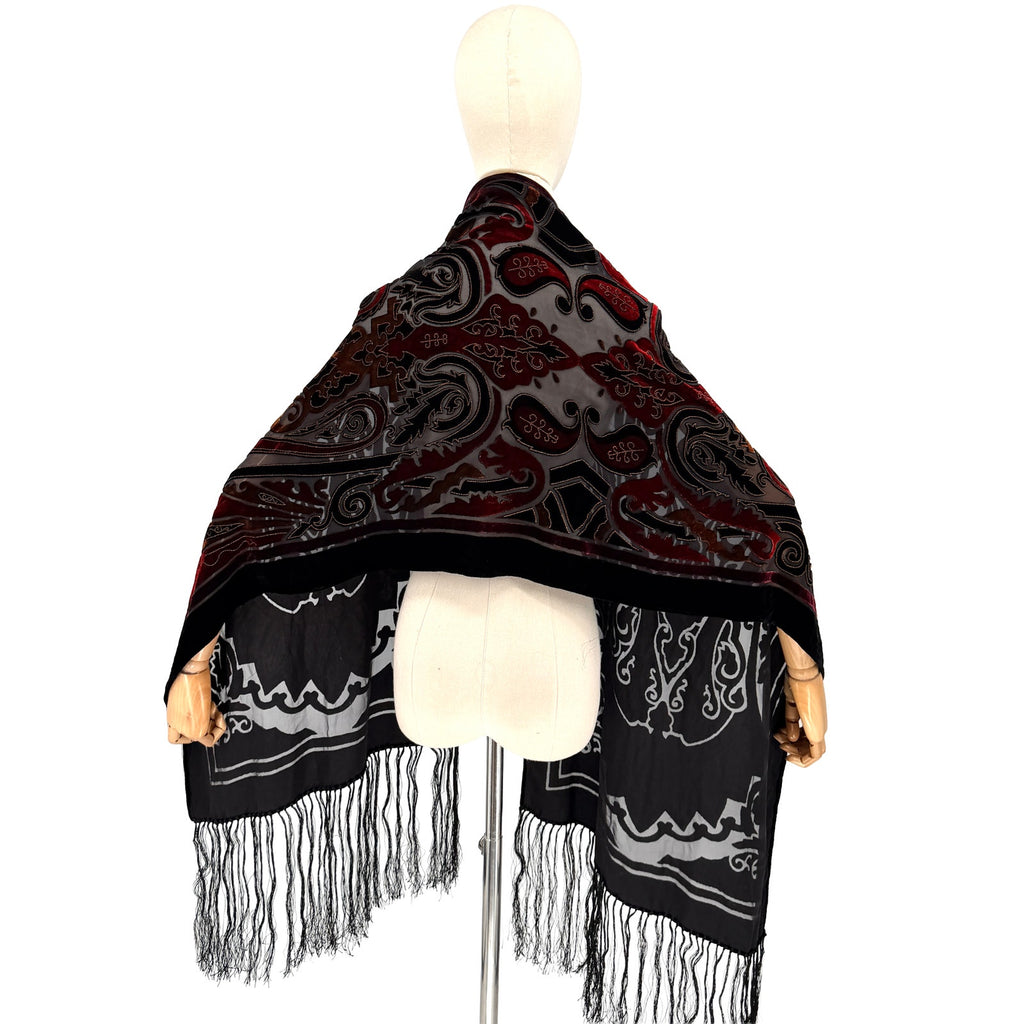 Vintage 90s Felicianni Black Red Gold Paisley Burnout Velvet Fringed Wrap Scarf