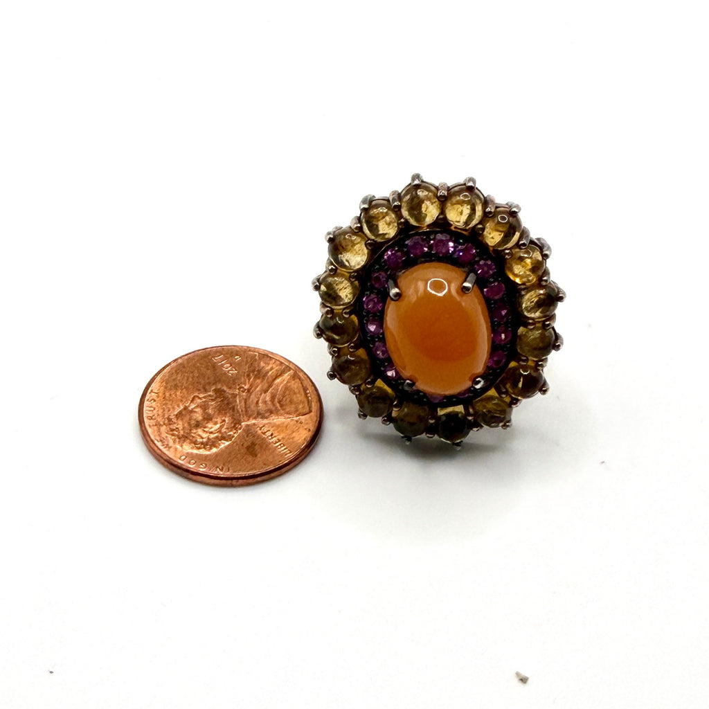Vintage y2K Orange Jade Sapphire Citrine Sterling Silver Cocktail Ring