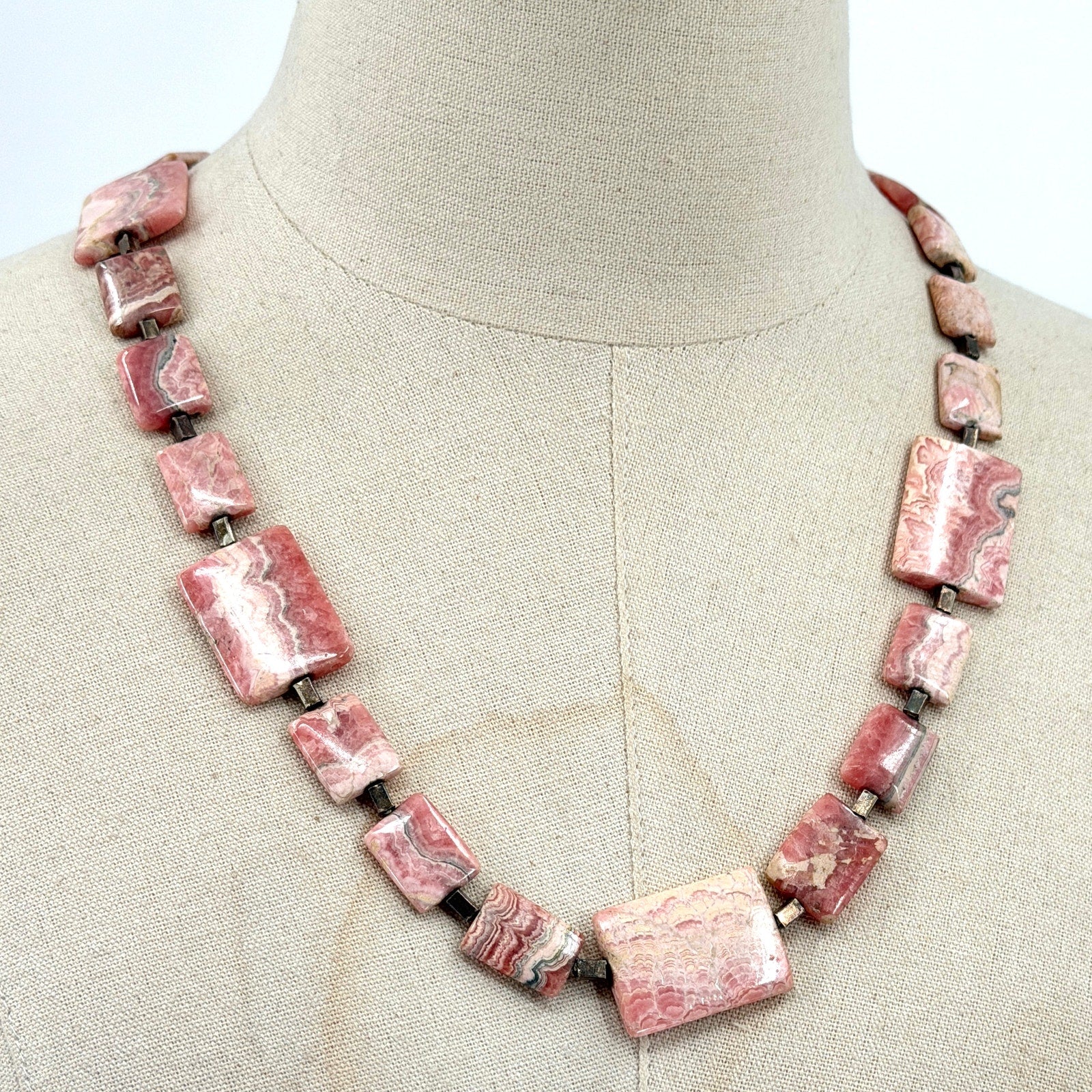 Vintage 90s Rhodochrosite Hand Strung Slab Statement Necklace
